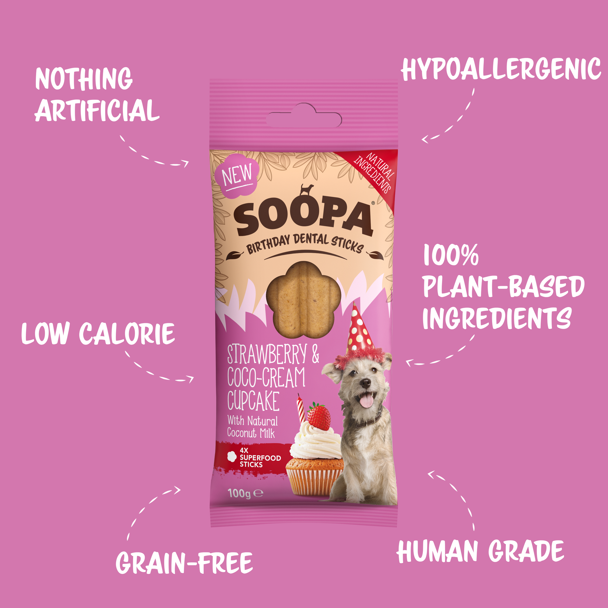 Bâtonnets dentaires pour chiens à la fraise et à la crème de coco