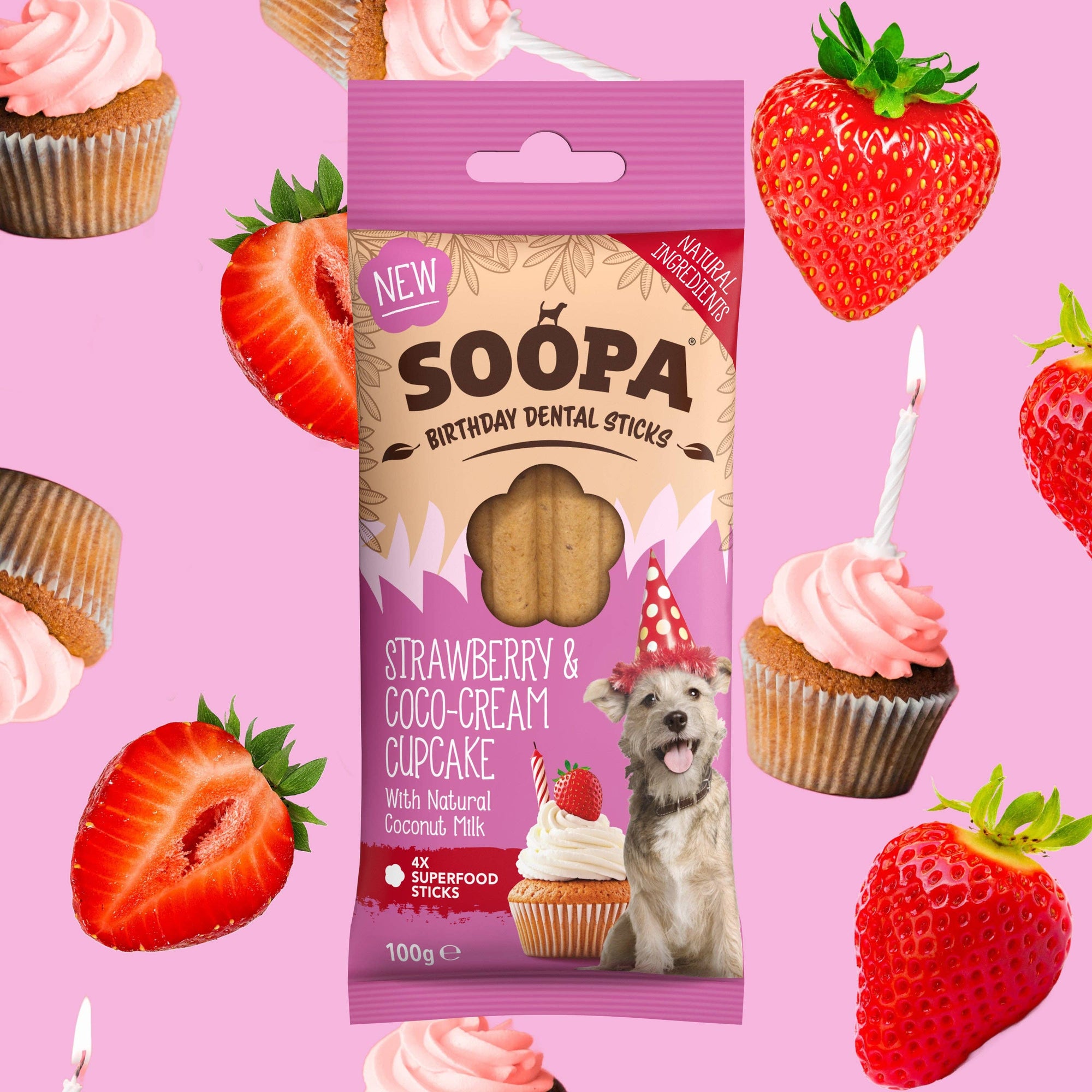 Bâtonnets dentaires pour chiens à la fraise et à la crème de coco