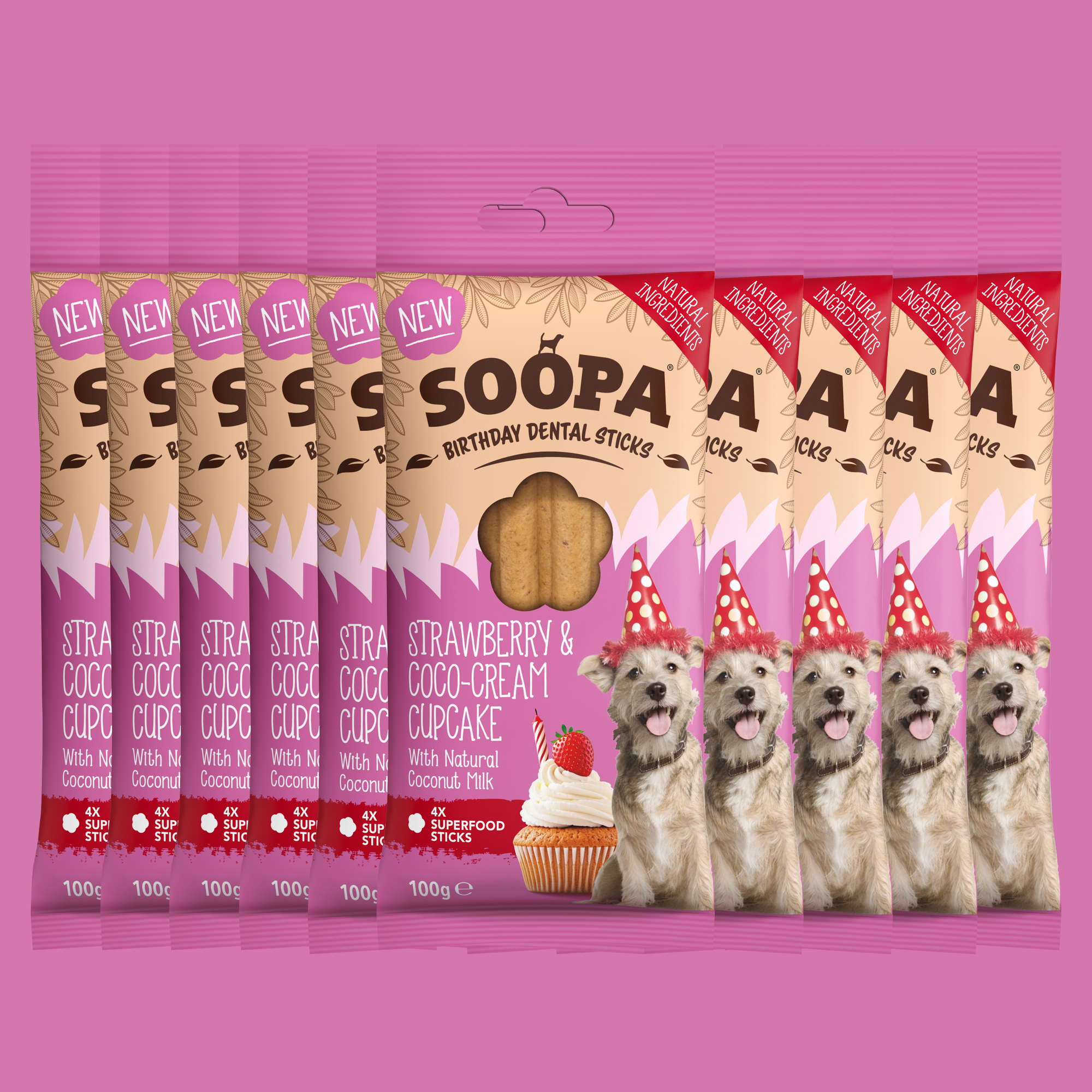 Bâtonnets dentaires pour chiens à la fraise et à la crème de coco